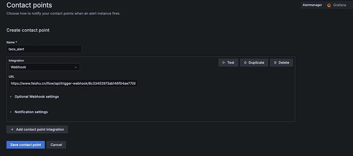TDengine Database Grafana plugin feishu contact point